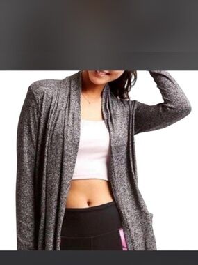 Athleta Pose Wrap Gray Marled Open Front Cardigan Small Hooded Athleisure